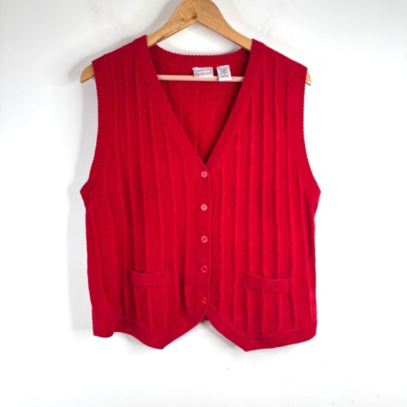 VTG 90s Red Ribbed Sweater Vest M Chenille Granny Retro Academia Preppy Xmas - Picture 8 of 8